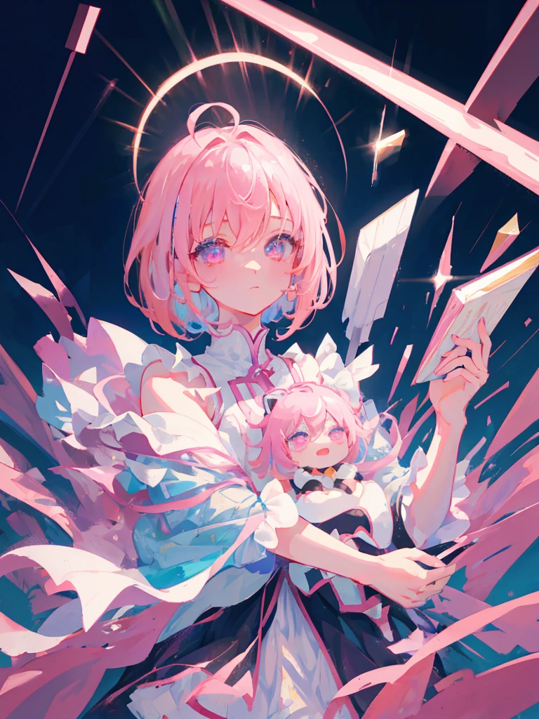 1girl, portrait, loli anime  with short pink hair wearing maid outfit, pink hair with few pieces of blue hair, pink eyes, close up face, detailed eyes, detailed hair, emotional lovely happy expression, crystal glowing eyes, cinematic lighting, extremely detailed body, face, clothes, (best quality,4k,8k,highres,masterpiece:1.2),ultra HD, masterpiece, very very anime style, bokeh, starry shining lighting, original characters,  with no .