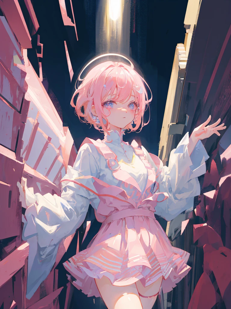 1girl, portrait, loli anime  with short pink hair wearing maid outfit, pink hair with few pieces of blue hair, pink eyes, close up face, detailed eyes, detailed hair, emotional lovely happy expression, crystal glowing eyes, cinematic lighting, extremely detailed body, face, clothes, (best quality,4k,8k,highres,masterpiece:1.2),ultra HD, masterpiece, very very anime style, bokeh, starry shining lighting, original characters,  with no .