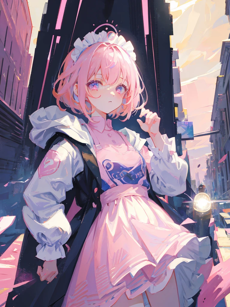 1girl, portrait,  anime  with short pink hair wearing maid outfit, pink hair with few pieces of blue hair, pink eyes, close up face, detailed eyes, detailed hair, emotional lovely happy expression, crystal glowing eyes, cinematic lighting, extremely detailed body, face, clothes, (best quality,4k,8k,highres,masterpiece:1.2),ultra HD, masterpiece, very very anime style, bokeh, starry shining lighting, original characters,  with no .