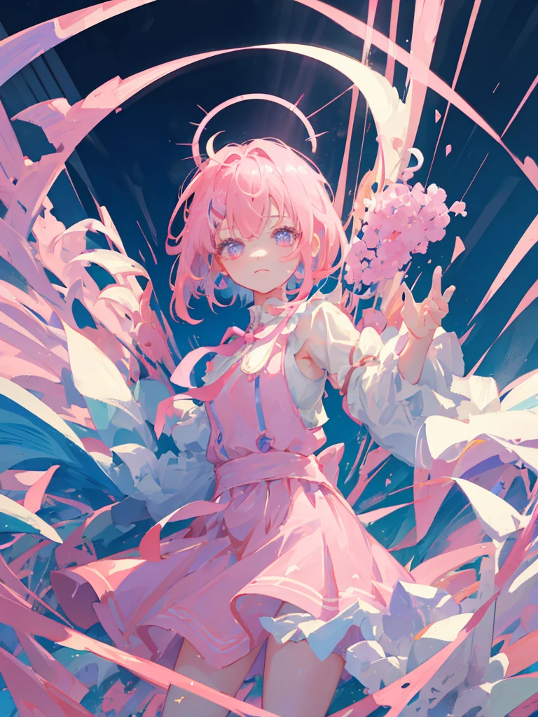 1girl, portrait, loli anime with short pink hair wearing maid outfit, pink hair with few pieces of blue hair, pink eyes, close up face, detailed eyes, detailed hair, emotional lovely happy expression, crystal glowing eyes, cinematic lighting, extremely detailed body, face, clothes, (best quality,4k,8k,highres,masterpiece:1.2),ultra HD, masterpiece, very very anime style, bokeh, starry shining lighting, original characters, with no .