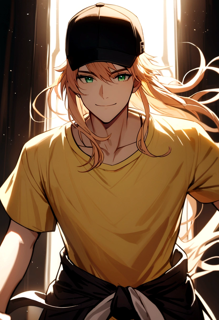 The boy had apricot hair, neck-length hair, green eyes, wearing a black baseball cap, yellow t-shirt, black long-sleeved shirt inside, and a white tie around his waist, smile