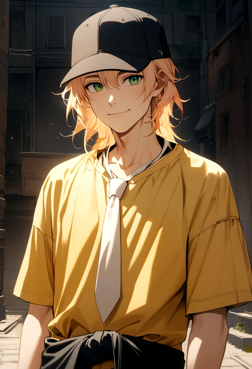 The boy had apricot hair, neck-length hair, green eyes, wearing a black baseball cap, yellow t-shirt, black long-sleeved shirt inside, and a white tie around his waist, smile