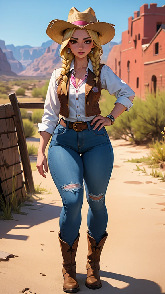 Woman sheriff, wild west, curvy, cowboy hat, blonde braids hair, pink skin, parts, small shorts jeans, White shirt, Cowboy vest, texan buckle, Cowboy boots, stir in both hands, village scene in the desert