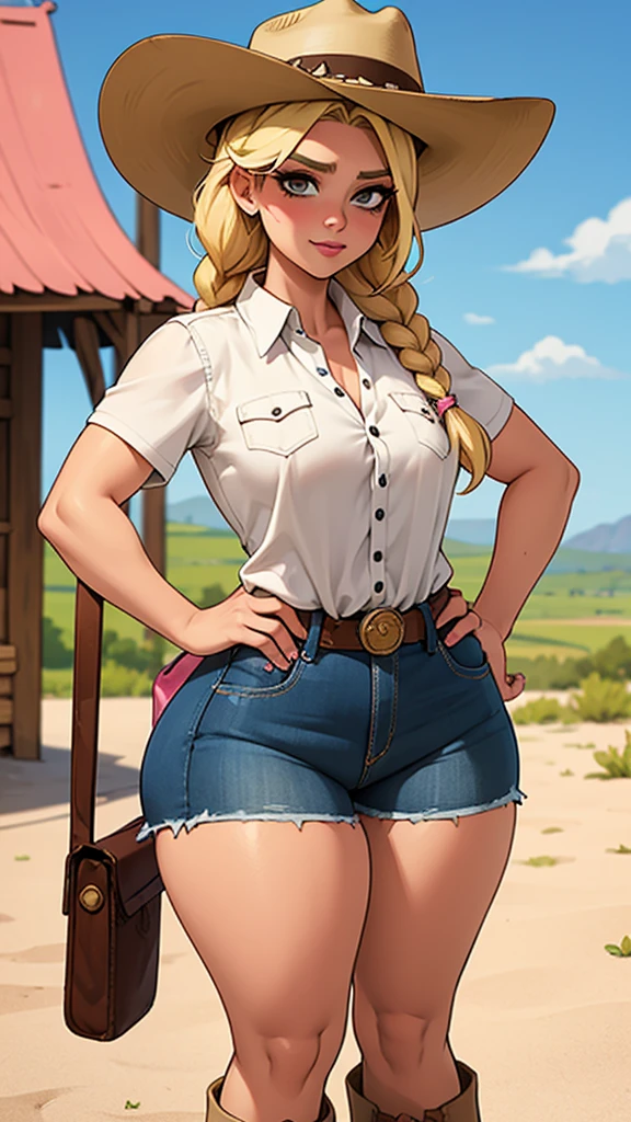 Woman sheriff, wild west, curvy, cowboy hat, blonde braids hair, pink skin, parts, small shorts jeans, White shirt, Cowboy vest, texan buckle, Cowboy boots, stir in both hands, village scene in the desert