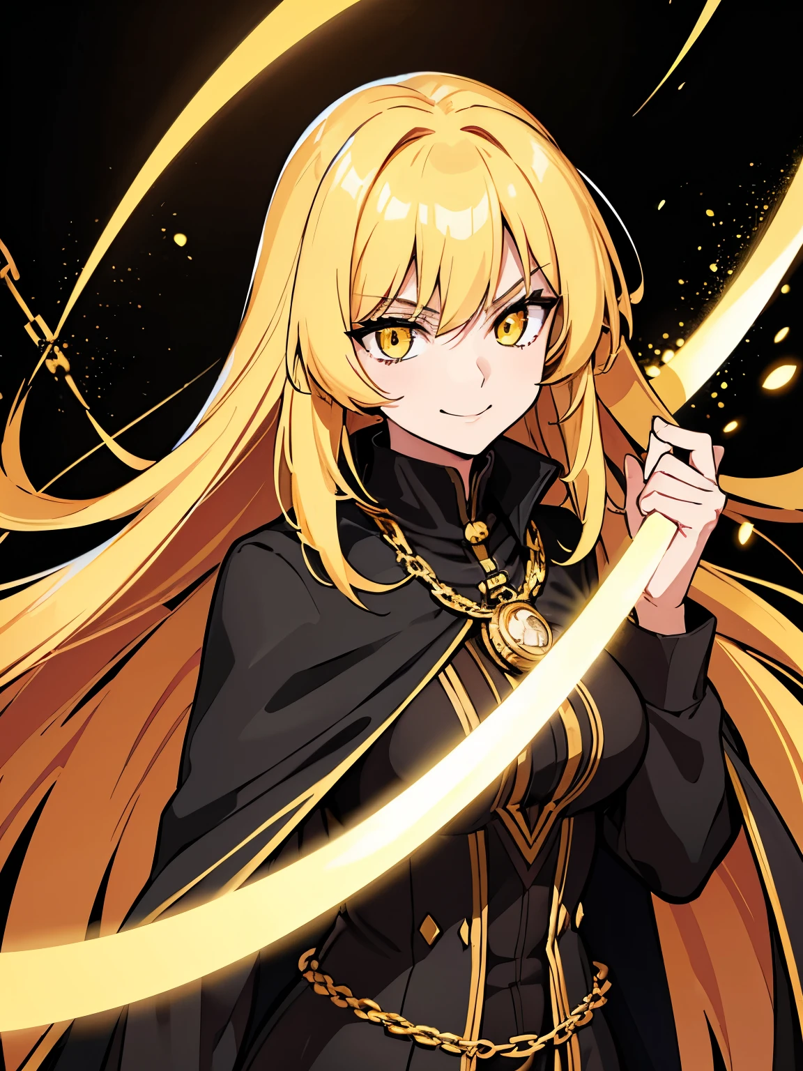 upper body, 1woman, Yellow hair, Long Haired, Unique Golden eyes, (Gambler), Black Long Cape, Black Tunic, Gold coin necklace, big breats, wallpaper, Chain background, light particles, (masterpiece), best quality, closed-mouth, smile, Prideful expression