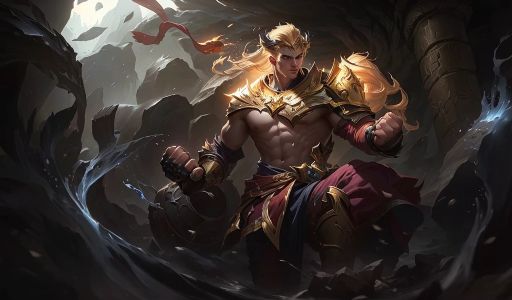 a guy floating in a cave,short blonde hair, face details, Both hands clenched tightly, a halo of light surrounded the fists, hanfu, surrounding golden light, league of legends splash art, league of legends concept art, riot games concept art, character art league of legends, leesin, splash art, iconic character splash art, league of legends splash art, league of legends art, official splash art, league characters League of Legends, League of Legends Champion, 4k, Full HD