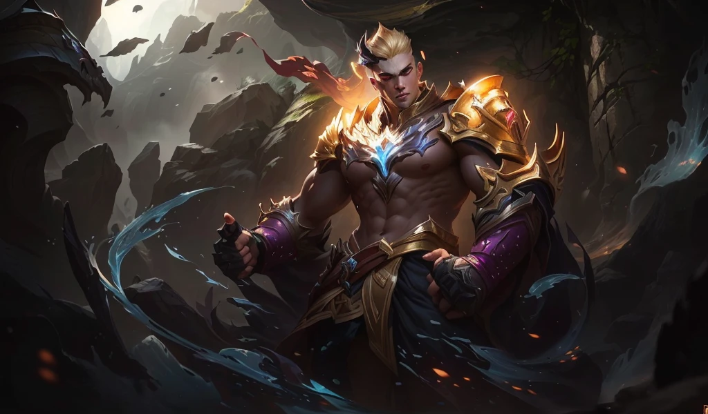 a guy floating in a cave,short blonde hair, face details, Both hands clenched tightly, a halo of light surrounded the fists, hanfu, surrounding golden light, league of legends splash art, league of legends concept art, riot games concept art, character art league of legends, leesin, splash art, iconic character splash art, league of legends splash art, league of legends art, official splash art, league characters League of Legends, League of Legends Champion, 4k, Full HD