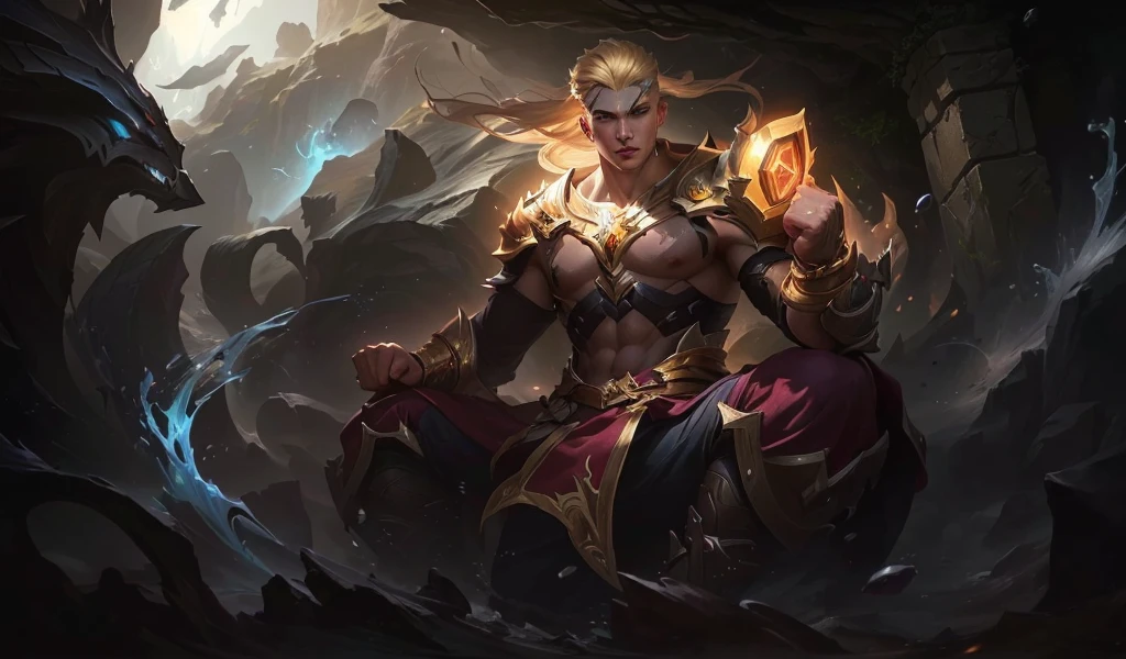 a guy floating in a cave,short blonde hair, face details, Both hands clenched tightly, a halo of light surrounded the fists, hanfu, surrounding golden light, league of legends splash art, league of legends concept art, riot games concept art, character art league of legends, leesin, splash art, iconic character splash art, league of legends splash art, league of legends art, official splash art, league characters League of Legends, League of Legends Champion, 4k, Full HD