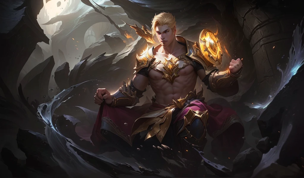 a guy floating in a cave,short blonde hair, face details, Both hands clenched tightly, a halo of light surrounded the fists, hanfu, surrounding golden light, league of legends splash art, league of legends concept art, riot games concept art, character art league of legends, leesin, splash art, iconic character splash art, league of legends splash art, league of legends art, official splash art, league characters League of Legends, League of Legends Champion, 4k, Full HD