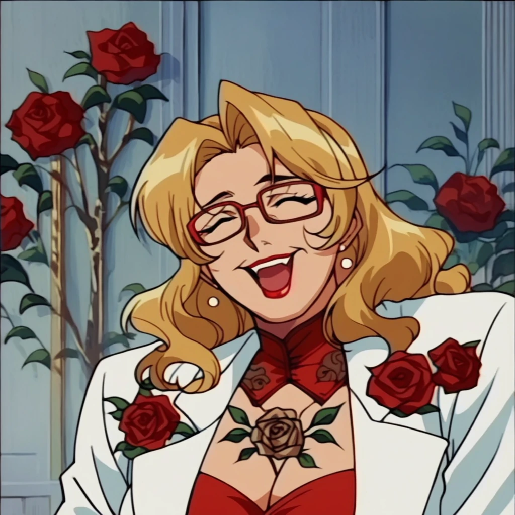 beautyful mature woman, blonde wavy hair, encorped body, red glasses, red lipstick, red cleavage dress, golden corset, whole body roses tattoos, white jacket, milf, red eyes, large breasts, sensual, laugh, cassino background