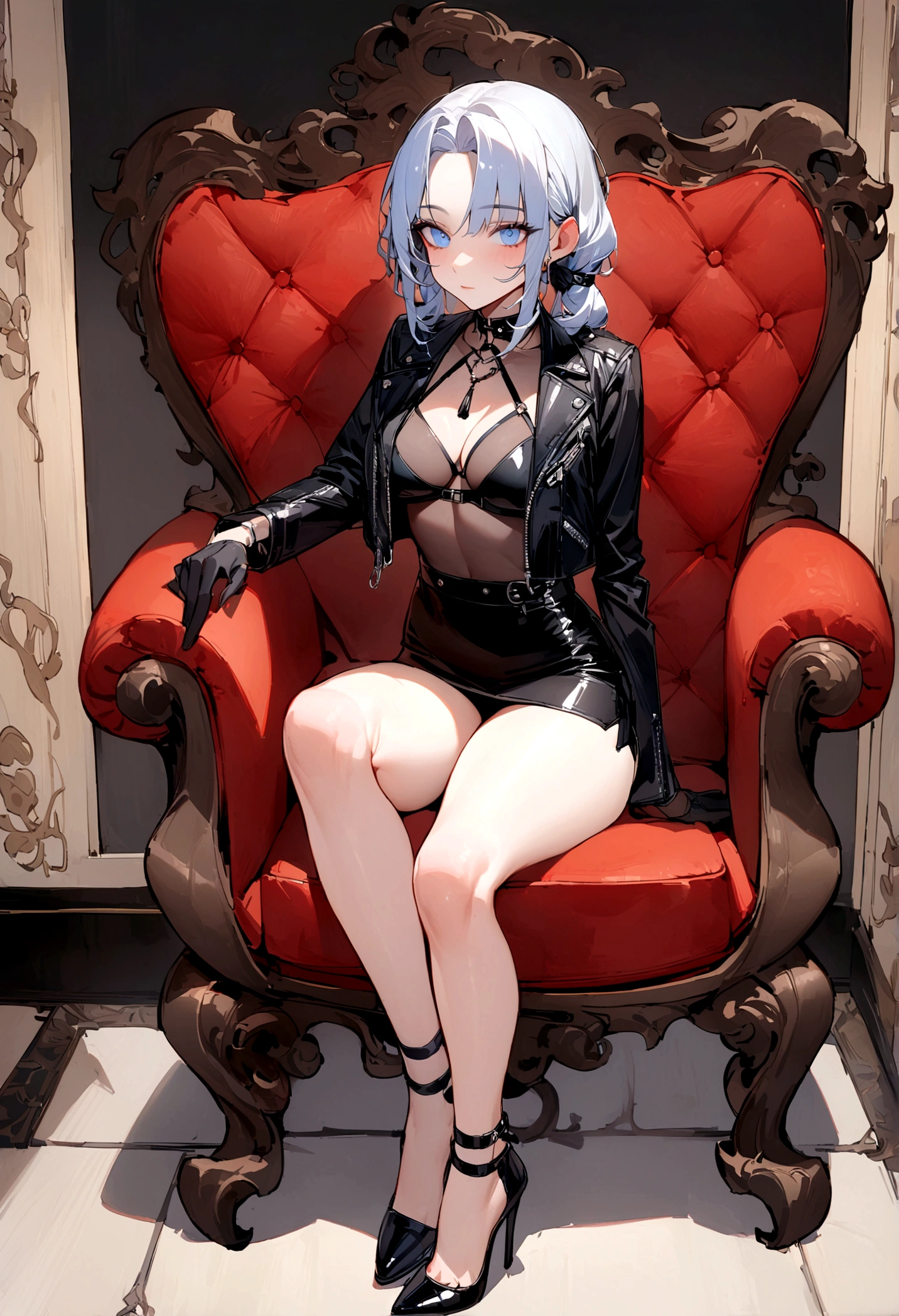 masterpiece, 最好of质量, 聪明of, 强of, of, 有着长长of卷曲金发of美丽女人, blue eyes, Black mini skirt, High heel, leather jacket