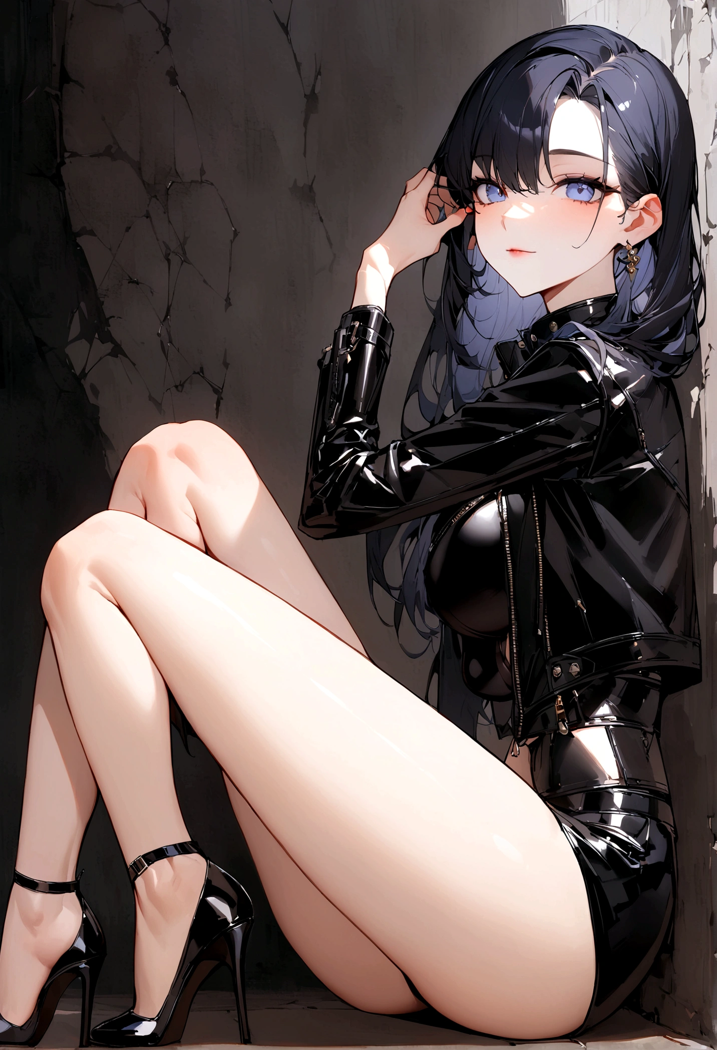 masterpiece, 最好of质量, 聪明of, 强of, of, 有着长长of卷曲金发of美丽女人, blue eyes, Black mini skirt, High heel, leather jacket