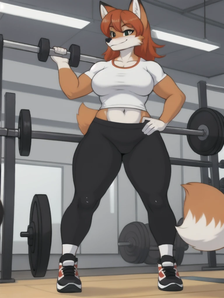 Furry, fox, female, white shirt, black leggings, shoes, gym, teen, standing, full body