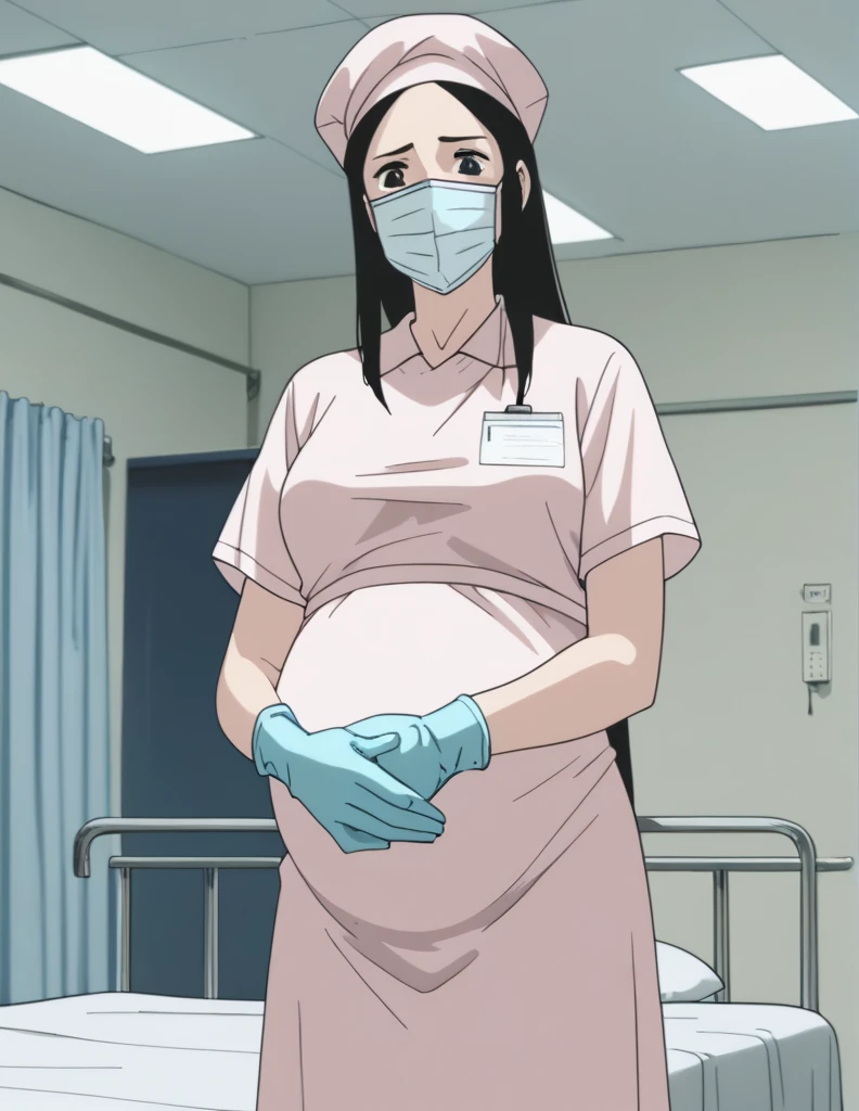 score_9, score_8_up, score_7_up, source_anime, kasuganoray, pale skin, shy eyes, long hair, scrubs, surgical mask, surgical cap, seamless longsleeved maternity dress,
1girl, pregnant, solo, rubber gloves, looking down, furrowed brow, hospital bed, standing