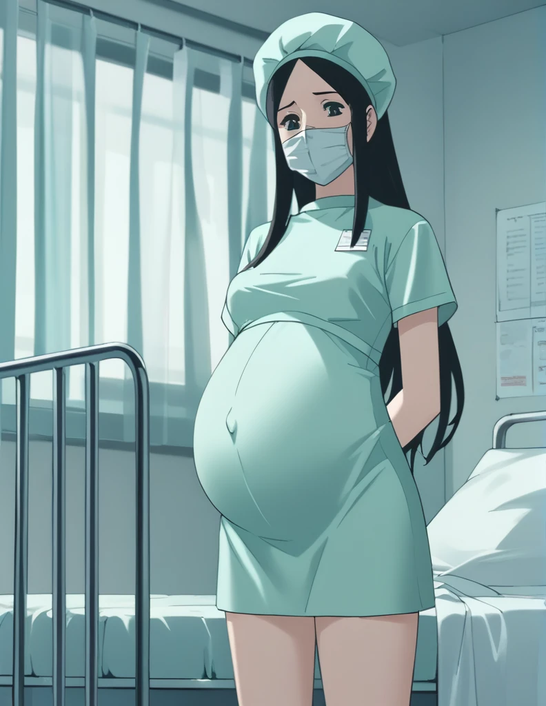 score_9, score_8_up, score_7_up, source_anime, kasuganoray, pale skin, shy eyes, long hair, scrubs, surgical mask, surgical cap, seamless longsleeved maternity dress,
1girl, pregnant, solo, rubber gloves, looking down, furrowed brow, hospital bed, standing