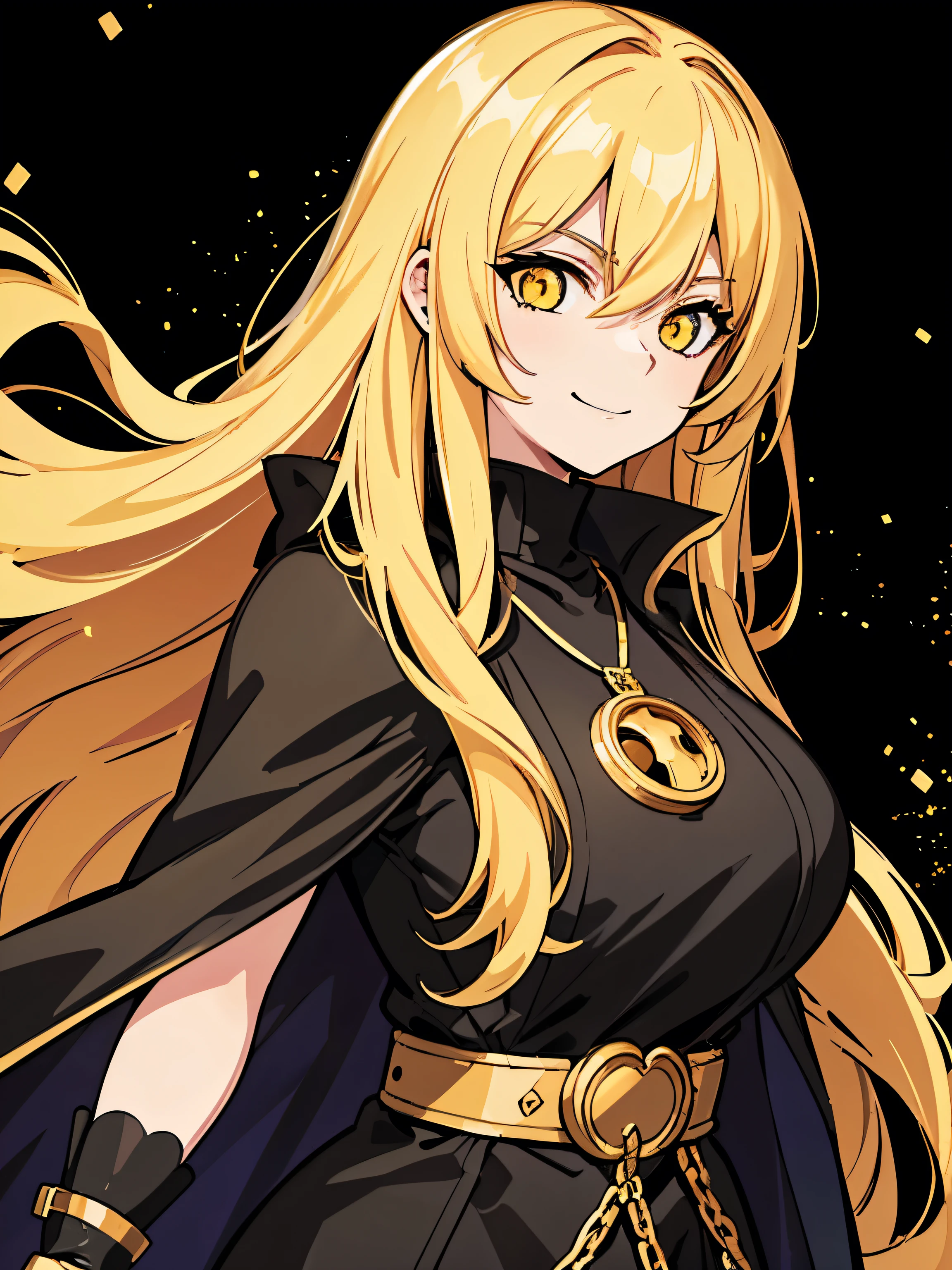 upper body, 1woman, Yellow hair, Long Haired, Golden eyes, (Gambler), Black Long Cape, Black Tunic, Gold coin necklace, big breats, wallpaper, Chain background, light particles, (masterpiece), best quality, closed-mouth, smile, Prideful expression