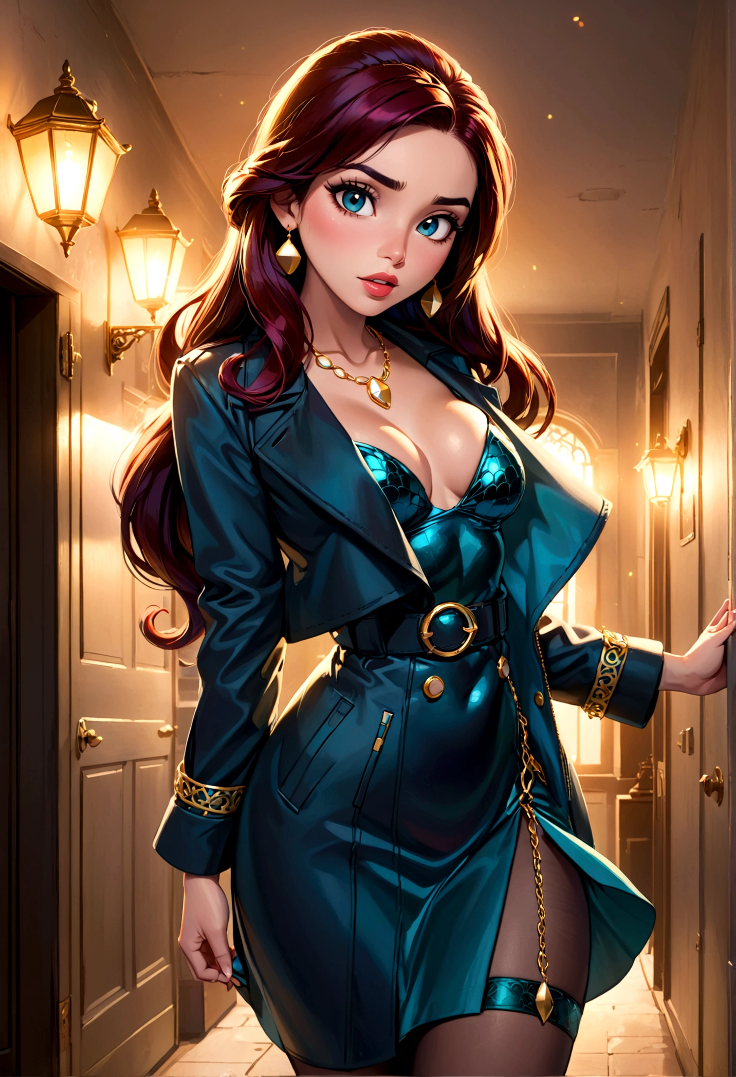 (1girl, disney princess jasmine, black trenchcoat, royal miniskirt, royal haltertop, gold bodychains, sneaking out, princess girls night out, princess ariel's downtown apartment, elegant, beautiful detailed eyes, beautiful detailed lips, extremely detailed eyes and face, long eyelashes, high quality, 8k, photorealistic, professional, vivid colors, studio lighting, physically-based rendering, sharp focus)