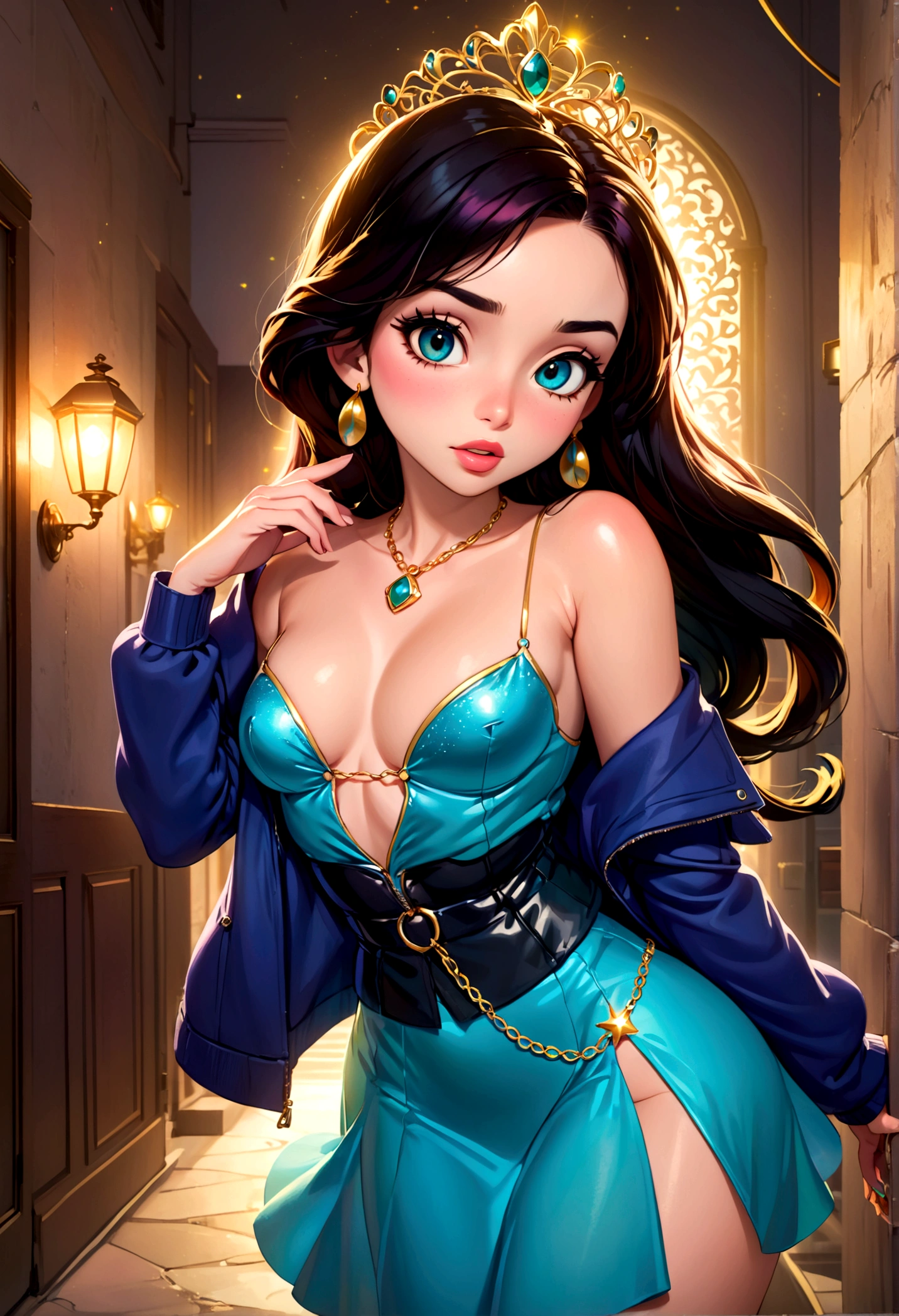 (1girl, disney princess jasmine, black trenchcoat, royal miniskirt, royal haltertop, gold bodychains, sneaking out, princess girls night out, princess ariel's downtown apartment, elegant, beautiful detailed eyes, beautiful detailed lips, extremely detailed eyes and face, long eyelashes, high quality, 8k, photorealistic, professional, vivid colors, studio lighting, physically-based rendering, sharp focus)