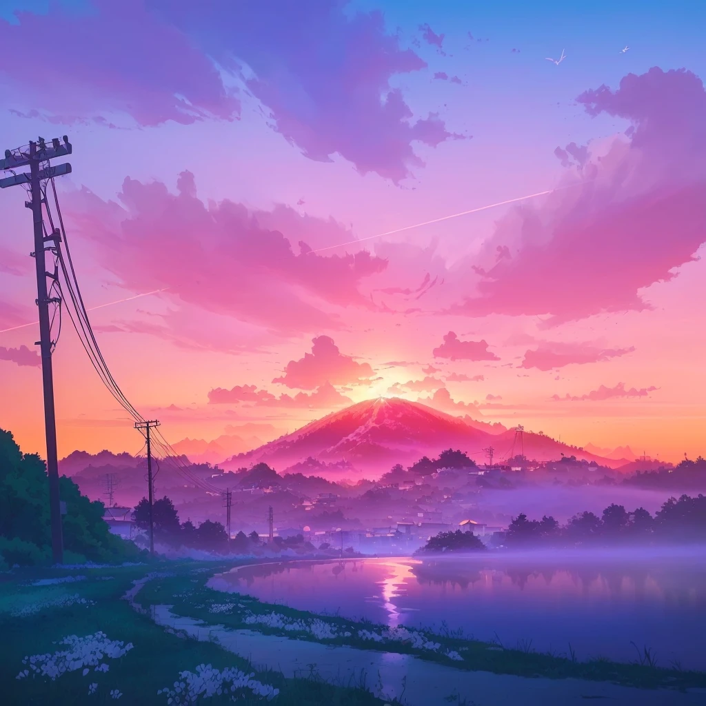 anime landscape with a sunset and a power line, anime landscape wallpaper, anime landscape, anime art wallpaper 4k, anime art wallpaper 4 k, anime art wallpaper 8 k, beautiful anime scenery, beautiful anime scene, anime beautiful peace scene, anime countryside landscape, beautiful art uhd 4 k, anime background art, anime scenery, colorful sky, birds flying, lagoon, anime wallpaper 4 k