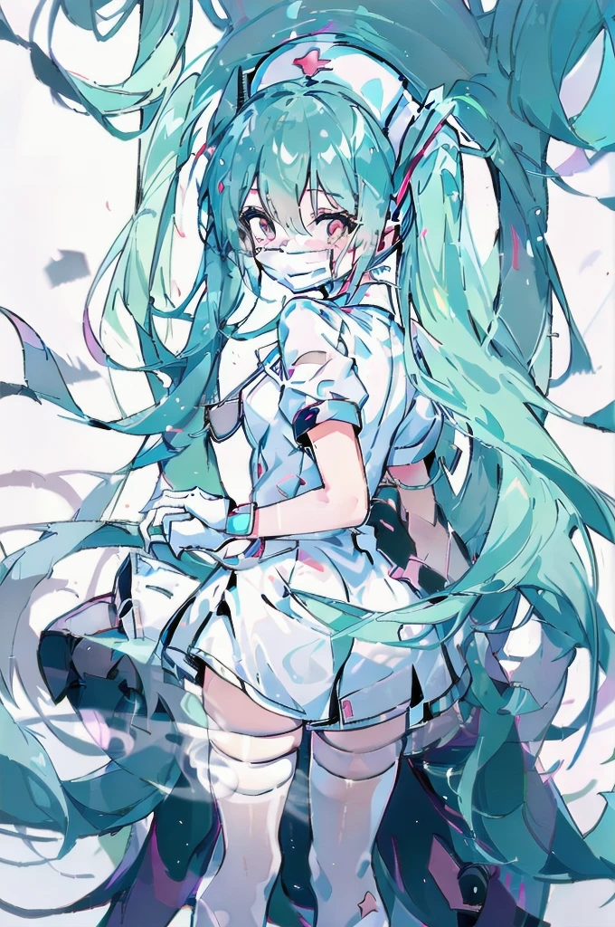 1woman, solo, nurse, nurse cap, white wear, ((white legwear, zettai ryouiki)), white gloves, long hair, Hatsune Miku, red eyes, ((white surgical mask, covered nose)), standing, ((hospital room)), sharp outline, short sleeves, mature female, 35 years old, best quality, masterpiece