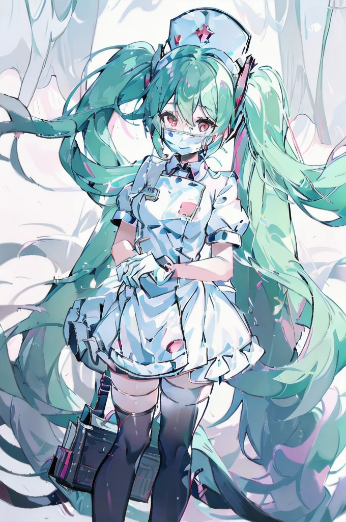 1woman, solo, nurse, nurse cap, white wear, ((white legwear, zettai ryouiki)), white gloves, long hair, Hatsune Miku, red eyes, ((white surgical mask, covered nose)), standing, ((hospital room)), sharp outline, short sleeves, mature female, 35 years old, best quality, masterpiece