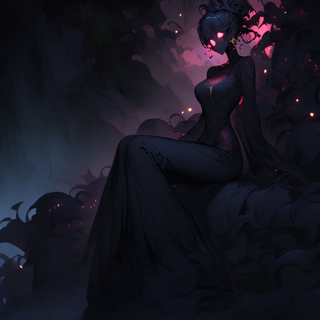 (well done:1)woman, completely dark skin, black spirals all over her body, long straight black hair, black cross earrings, completely white glowing eyes, black long-sleeved t-shirt with white spirals, black pants, black shoes.  sitting on a rock in a forest