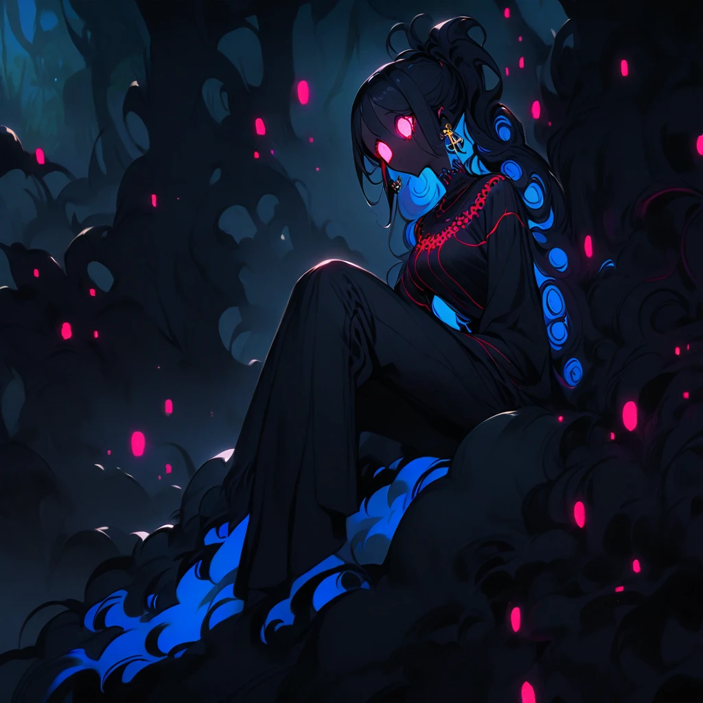 (well done:1)woman, completely dark skin, black spirals all over her body, long straight black hair, black cross earrings, completely white glowing eyes, black long-sleeved t-shirt with white spirals, black pants, black shoes. sitting on a rock in a forest