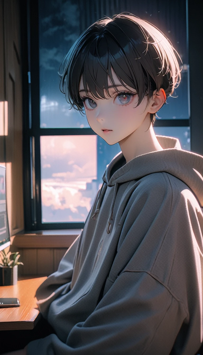 (8K, RAW photos, best quality, masterpiece: 1.4), (((The boy sits at the desk))),Ultra-high resolution, Extremely detailed, light, Upper body close-up, handsome boy, black eyes, (delicate eyes, Eyes are bright:1.2), Gray short hair, Fair skin,dark, Grey sweatshirt, sweatshirt with hood,(perfect anatomy:1.2), High-quality shadows, Natural Lighting, (White highlights:1.2), night, cloudy day, (at home:1.2), (table:1.2)