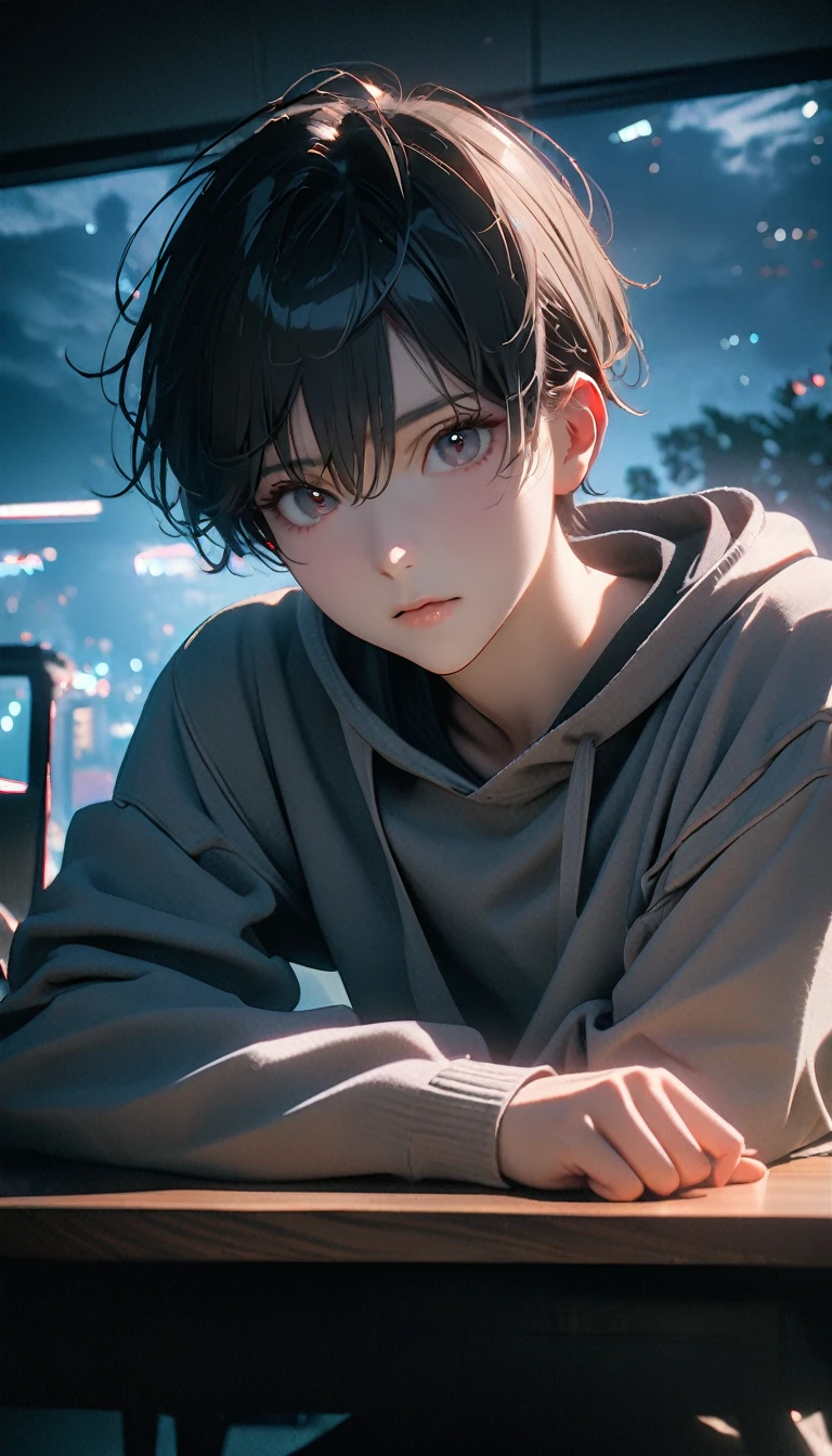 (8K, RAW photos, best quality, masterpiece: 1.4), (((The boy sits at the desk))),Ultra-high resolution, Extremely detailed, light, Upper body close-up, handsome boy, black eyes, (delicate eyes, Eyes are bright:1.2), Gray short hair, Fair skin,dark, Grey sweatshirt, sweatshirt with hood,(perfect anatomy:1.2), High-quality shadows, Natural Lighting, (White highlights:1.2), night, cloudy day, (at home:1.2), (table:1.2)