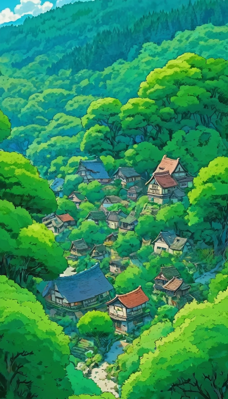 small, A mysterious village on the edge of an ancient forest.Ghibli style
