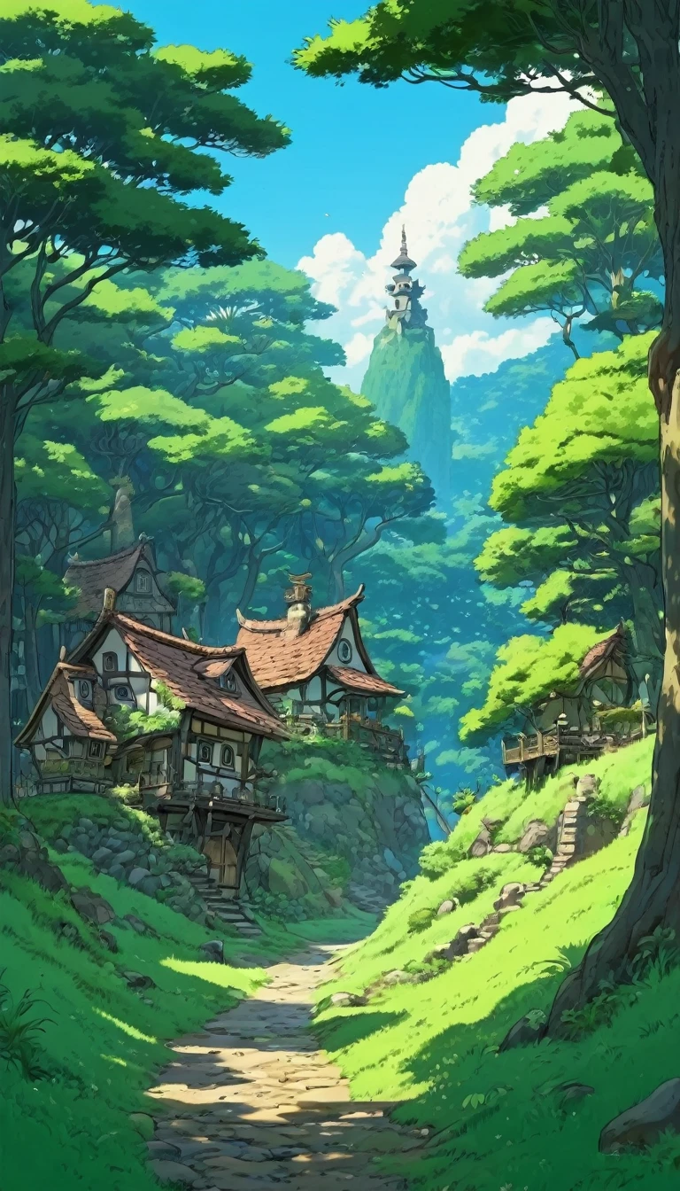 small, A mysterious village on the edge of an ancient forest.Ghibli style