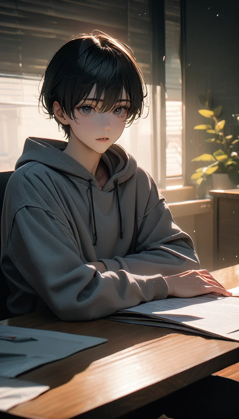 (8K, RAW photos, best quality, masterpiece: 1.4), (((The boy sits at the desk)))，Ultra-high resolution, Extremely detailed, light, Upper body close-up, handsome boy, black eyes, (delicate eyes, Eyes are bright:1.2), Gray short hair, Fair skin,dark, Grey sweatshirt, sweatshirt with hood,(perfect anatomy:1.2), High-quality shadows, Natural Lighting, (White highlights:1.2), night, cloudy day, (at home:1.2), (table:1.2)