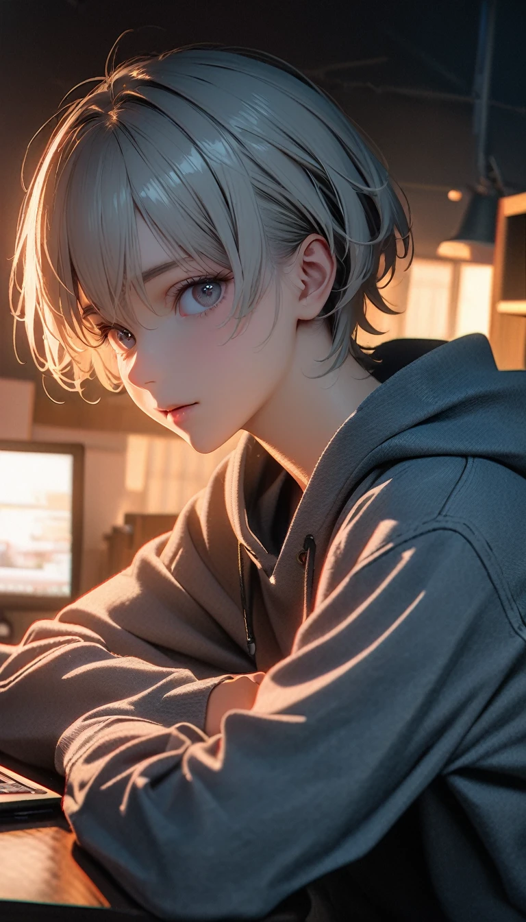 (8K, RAW photos, best quality, masterpiece: 1.4), (((The boy sits at the desk)))，Ultra-high resolution, Extremely detailed, light, Upper body close-up, handsome boy, black eyes, (delicate eyes, Eyes are bright:1.2), Gray short hair, Fair skin,dark, Grey sweatshirt, sweatshirt with hood,(perfect anatomy:1.2), High-quality shadows, Natural Lighting, (White highlights:1.2), night, cloudy day, (at home:1.2), (table:1.2)