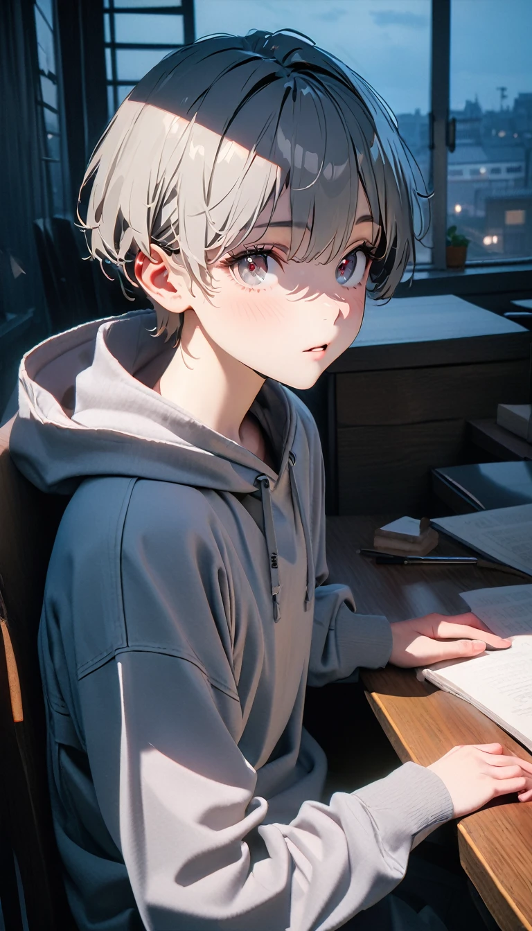 (8K, RAW photos, best quality, masterpiece: 1.4), (((The boy sits at the desk))),Ultra-high resolution, Extremely detailed, light, Upper body close-up, handsome boy, black eyes, (delicate eyes, Eyes are bright:1.2), Gray short hair, Fair skin,dark, Grey sweatshirt, sweatshirt with hood,(perfect anatomy:1.2), High-quality shadows, Natural Lighting, (White highlights:1.2), night, cloudy day, (at home:1.2), (table:1.2)