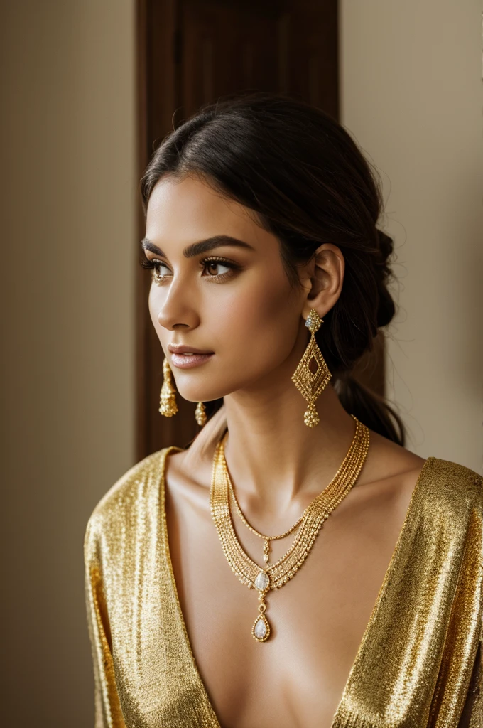 Image of jewelry model wearing a lot of thin gold jewelry