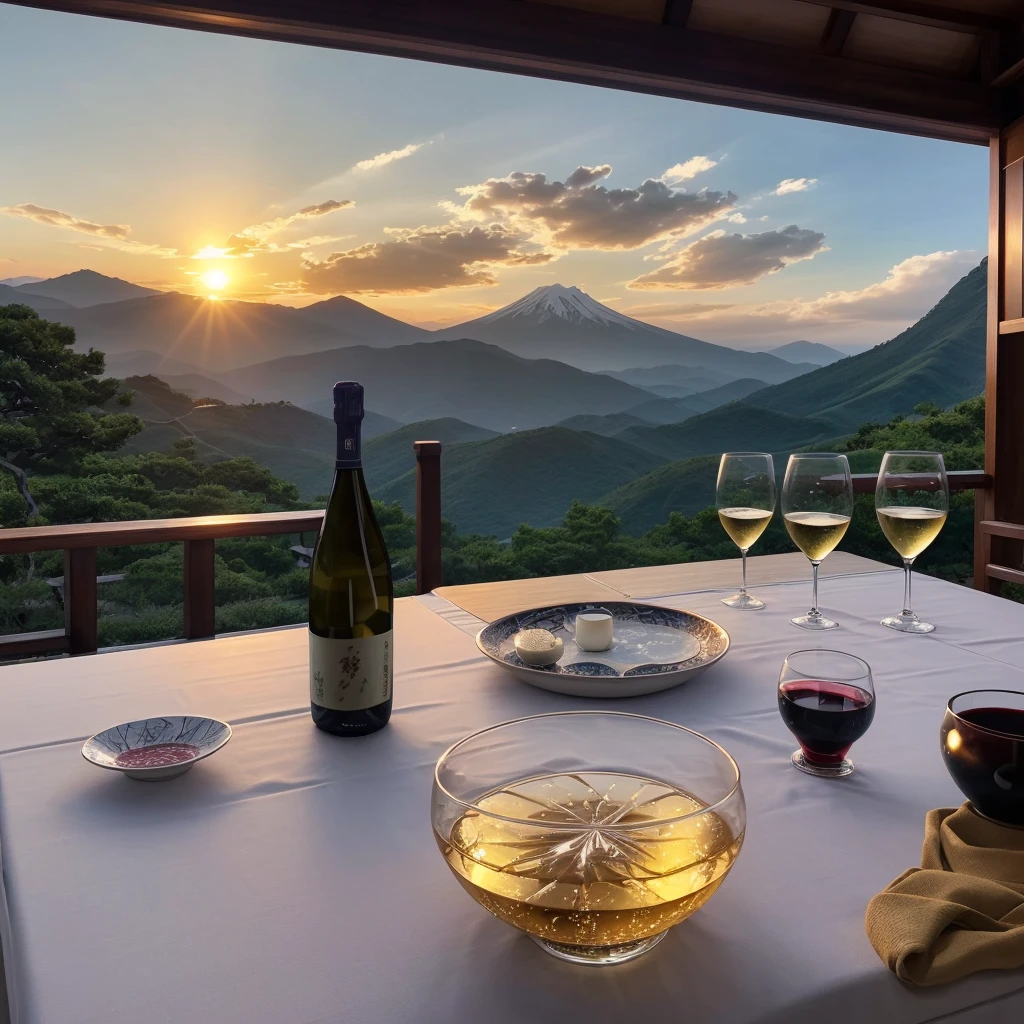 (including k, nffsw, highest quality, table top: 1.2), (realistic, realistic: 1.37), Spectacular view of the sunset sky and clouds、Amazing mountain views、White wine、Japanese sake、Sake Glass、wine glass、、sparkling wine