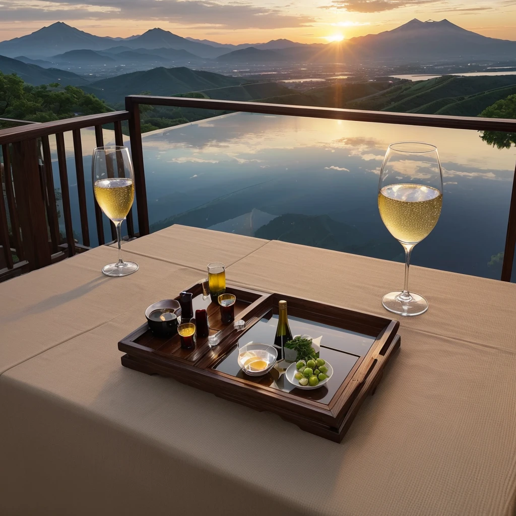 (including k, nffsw, highest quality, table top: 1.2), (realistic, realistic: 1.37), Spectacular view of the sunset sky and clouds、Amazing mountain views、White wine、Japanese sake、Sake Glass、wine glass、、sparkling wine