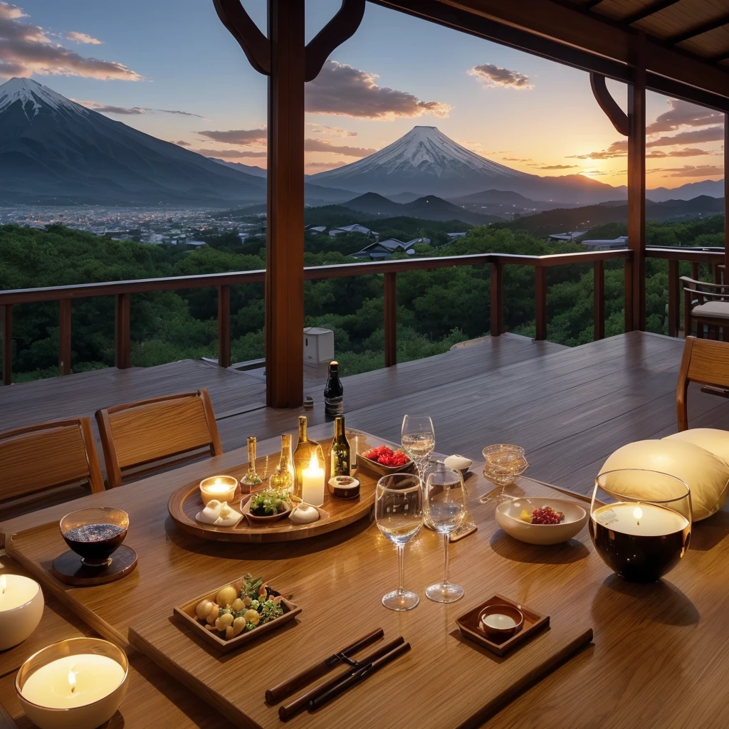 (including k, nffsw, highest quality, table top: 1.2), (realistic, realistic: 1.37), Spectacular view of the sunset sky and clouds、Amazing mountain views、White wine、Japanese sake、Sake Glass、wine glass、、sparkling wine