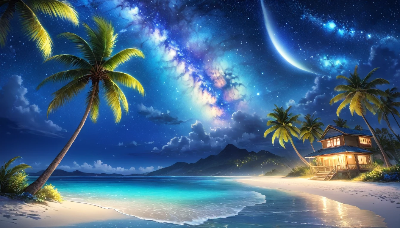 Tropical coast, Starry Night,Palm tree,milky way,Blur the background,Pleasant sea breeze,Glitter effect,Highest quality, 8K, High resolution, masterpiece:1.2, Very detailed, Realistic:1.37, High resolution, 超High resolution, Ultra-fine painting, Very detailed, Professional, Vibrant colors