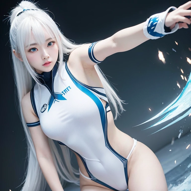 Korean girl, white long hair with bangs, icy blue eyes, white skin, white skimpy ninja suit, video game style, mortal kombat style