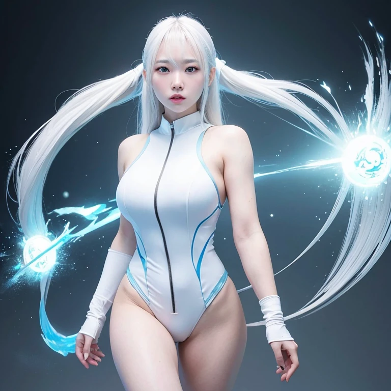 Korean girl, white long hair with bangs, icy blue eyes, white skin, white skimpy ninja suit, video game style, mortal kombat style