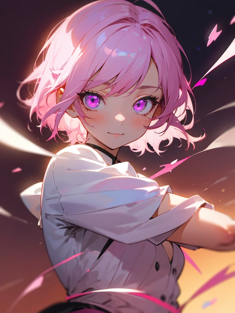 1girl, portrait, loli anime with short pink hair wearing maid outfit, pink hair with few pieces of blue hair, pink eyes, close up face, detailed eyes, detailed hair, emotional lovely happy expression, crystal glowing eyes, cinematic lighting, extremely detailed body, face, clothes, (best quality,4k,8k,highres,masterpiece:1.2),ultra HD, masterpiece, very very anime style, bokeh, starry shining lighting, original characters, with no .