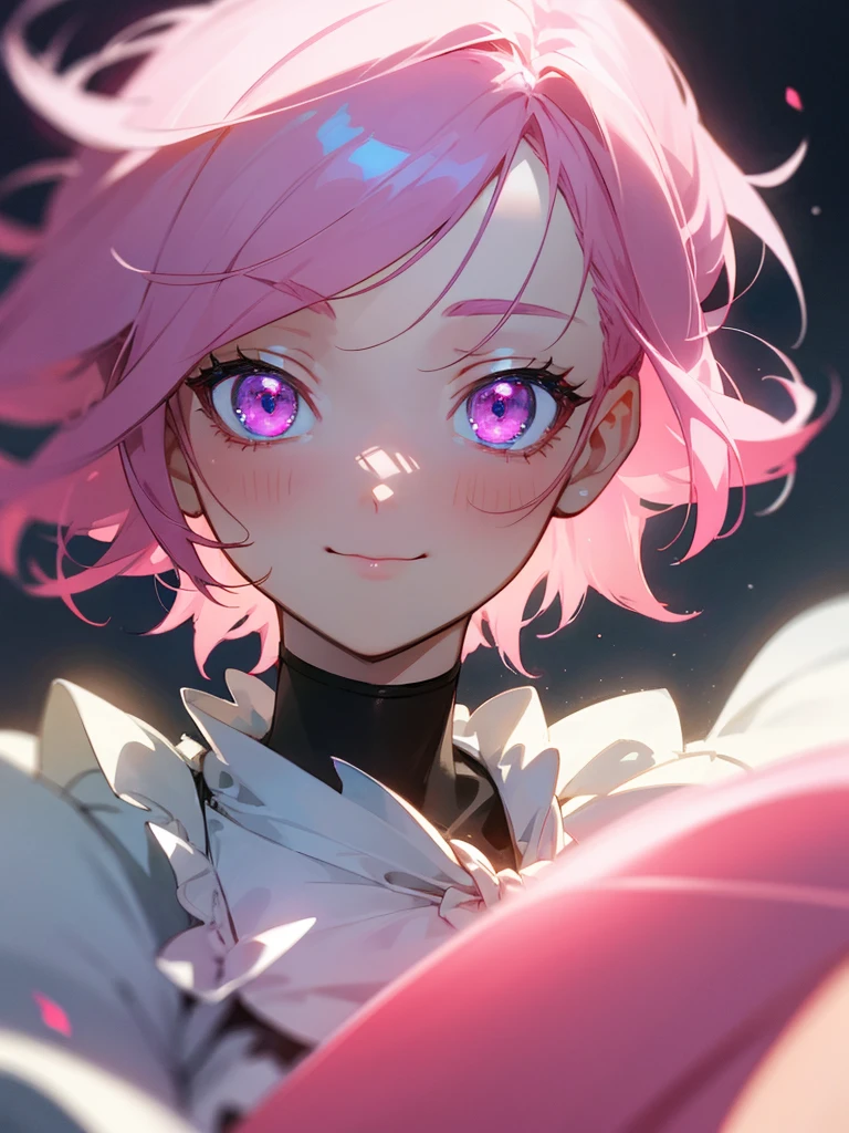 1girl, portrait, loli anime  with short pink hair wearing maid outfit, pink hair with few pieces of blue hair, pink eyes, close up face, detailed eyes, detailed hair, emotional lovely happy expression, crystal glowing eyes, cinematic lighting, extremely detailed body, face, clothes, (best quality,4k,8k,highres,masterpiece:1.2),ultra HD, masterpiece, very very anime style, bokeh, starry shining lighting, original characters,  with no .