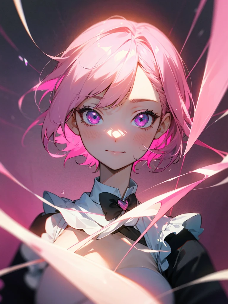 1girl, portrait, loli anime  with short pink hair wearing maid outfit, pink hair with few pieces of blue hair, pink eyes, close up face, detailed eyes, detailed hair, emotional lovely happy expression, crystal glowing eyes, cinematic lighting, extremely detailed body, face, clothes, (best quality,4k,8k,highres,masterpiece:1.2),ultra HD, masterpiece, very very anime style, bokeh, starry shining lighting, original characters,  with no .