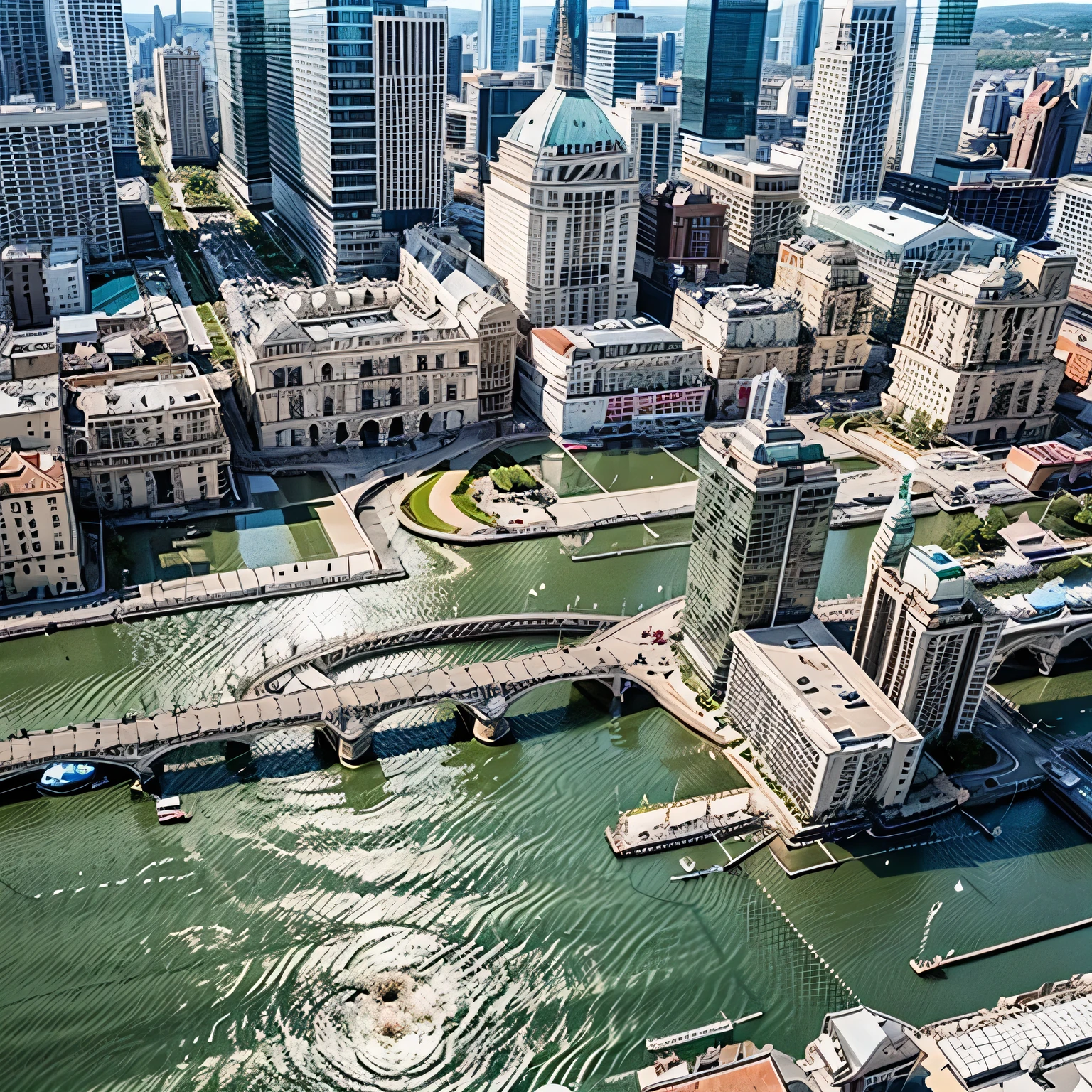 best quality, ultra-detailed, buildings, (1girl, river:1.2)