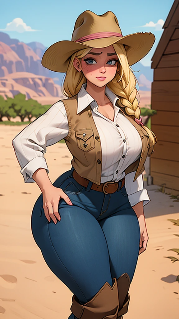 Woman sheriff, wild west, curvy, cowboy hat, blonde braids hair, pink skin, parts, blushing cheeks, shorts jeans, White shirt, Cowboy vest, texan buckle, Cowboy boots, stir in both hands, village scene in the desert