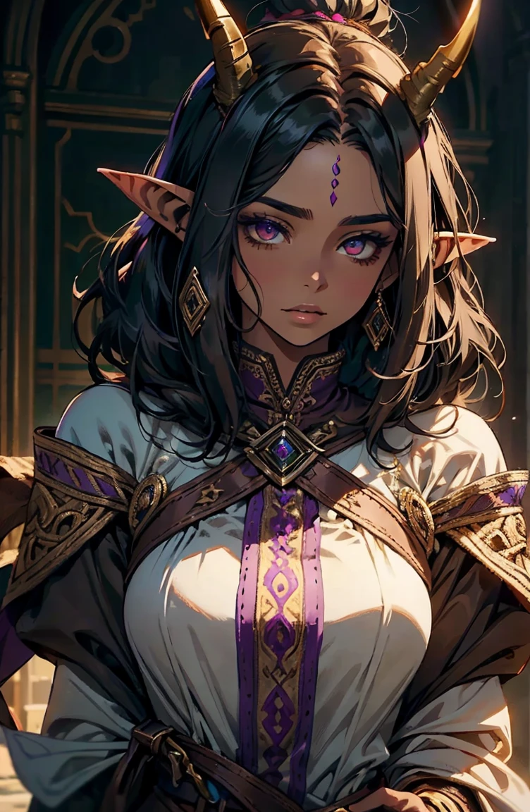 brown skin, older woman, sexy, tall, brown skin, one wing, black hair, elf, elf ears, horns, dark clothing, purple clothing