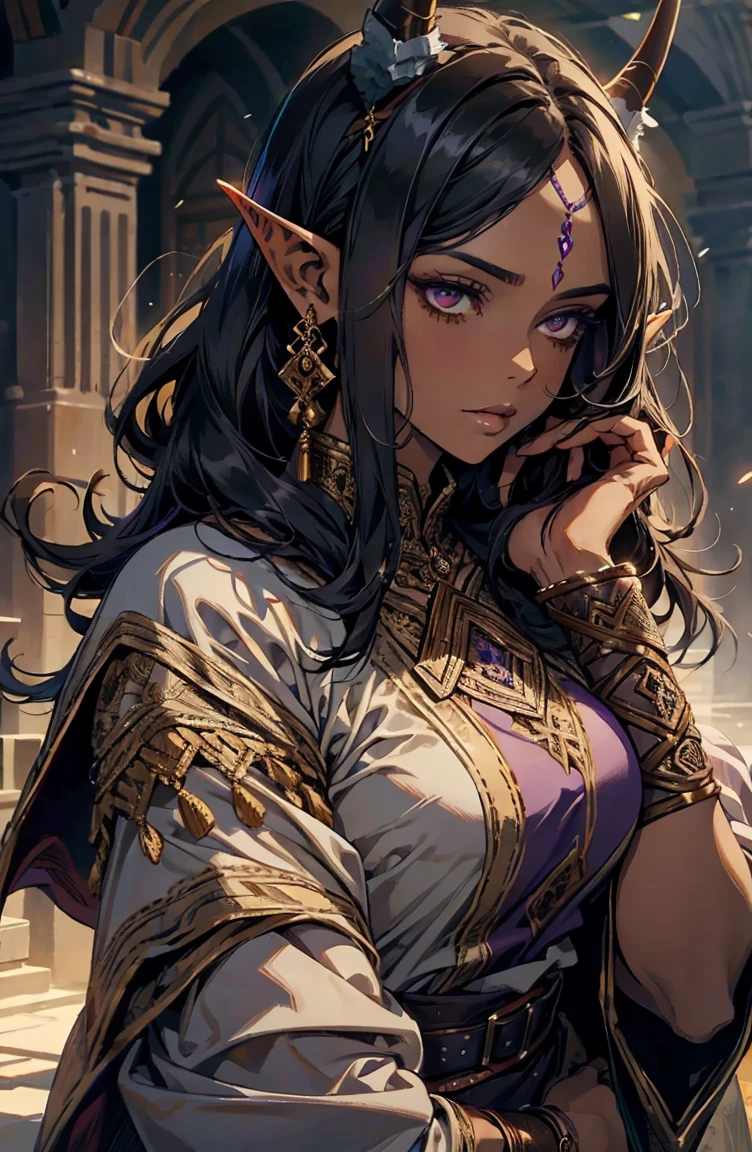 brown skin, older woman, sexy, tall, brown skin, one wing, black hair, elf, elf ears, horns, dark clothing, purple clothing
