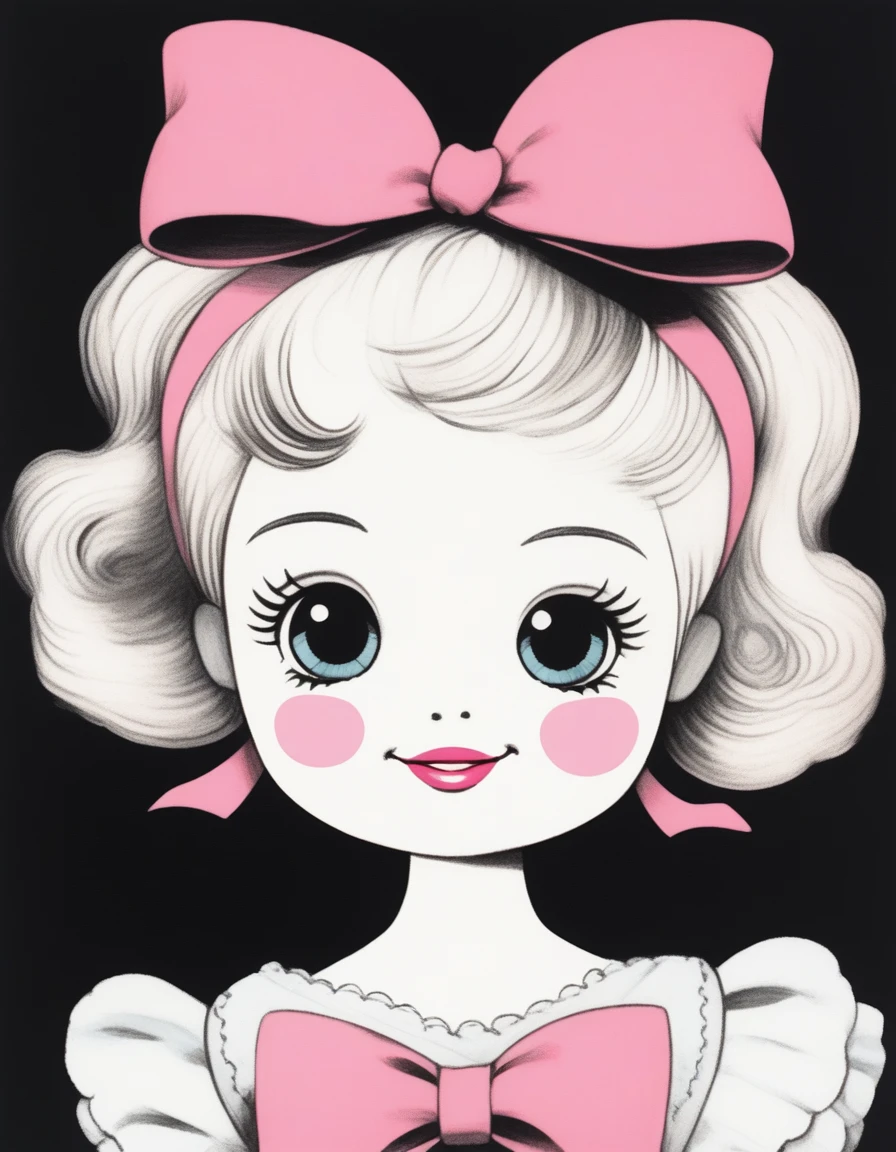 Drawing of a doll smiling, with a small bright pink bow on her head, with black background