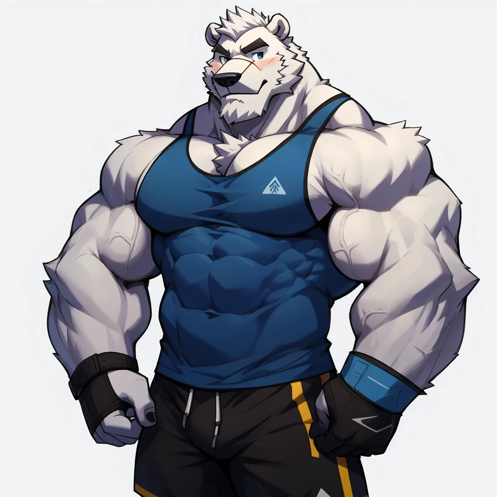 solo, 1boy, Huge Muscular White Polar Bear wearing glasses, huge white fur, pectoral, huge pectoral, wide pectoral, short white hair, blue colored short pants, blue colored wristbands and blue colored tank top, white bearded, white Mustache, white fur, simple background, masterpiece, high detailed, 8k, high resolution, at the gym, poses like Hercules and Zeus, very veiny, DILF